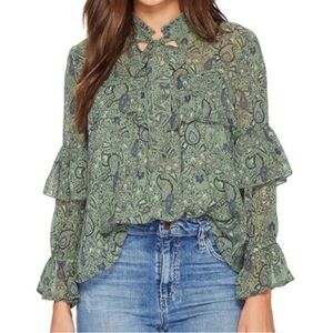 Lucky Brand Green Floral Paisley Ruffle Blouse